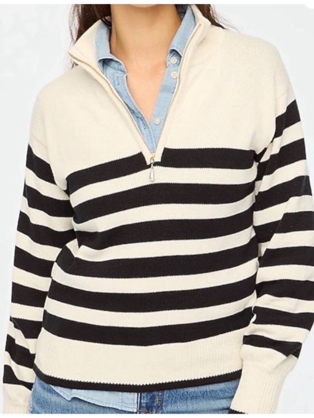 J. Crew Black and Cream Striped V-Neck Half-Zip Sweater